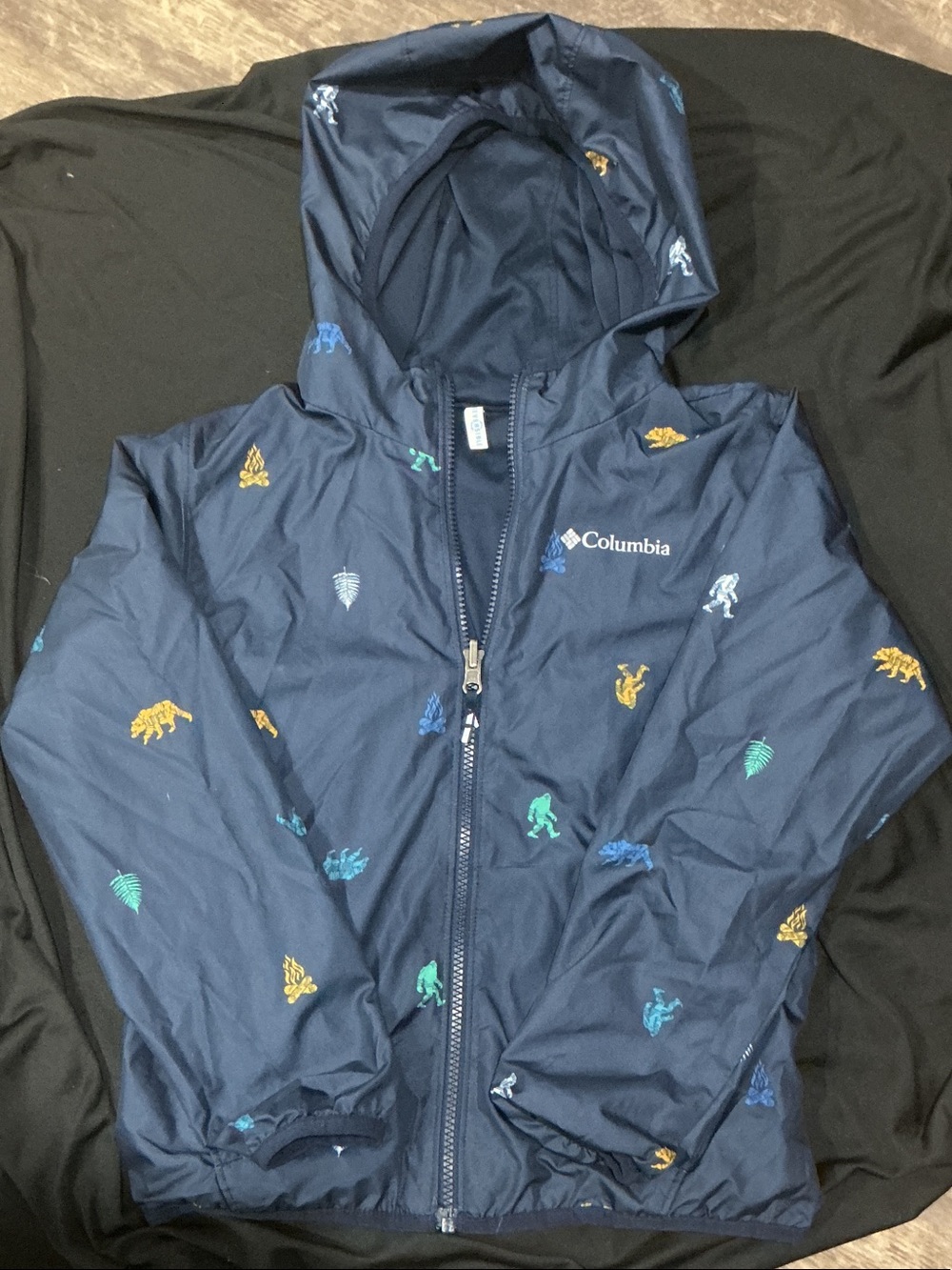 Columbia Navy Kids Hooded Windbreaker with Colorful Animal Motifs
